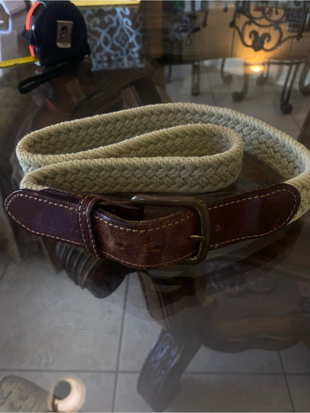 Cream Braided Cotton Belt with Brown Leather Trim